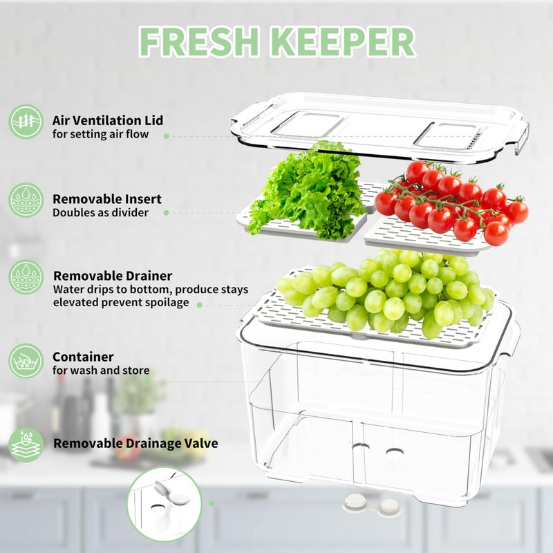 elabo Fruit Storage Containers Fridge Produce Saver -Stackable Refrigerator Organizer Storage and Colander Container with Lids and Removable Drain Tray for Veggie, Berry and Fruits, 2 Large - Image 3